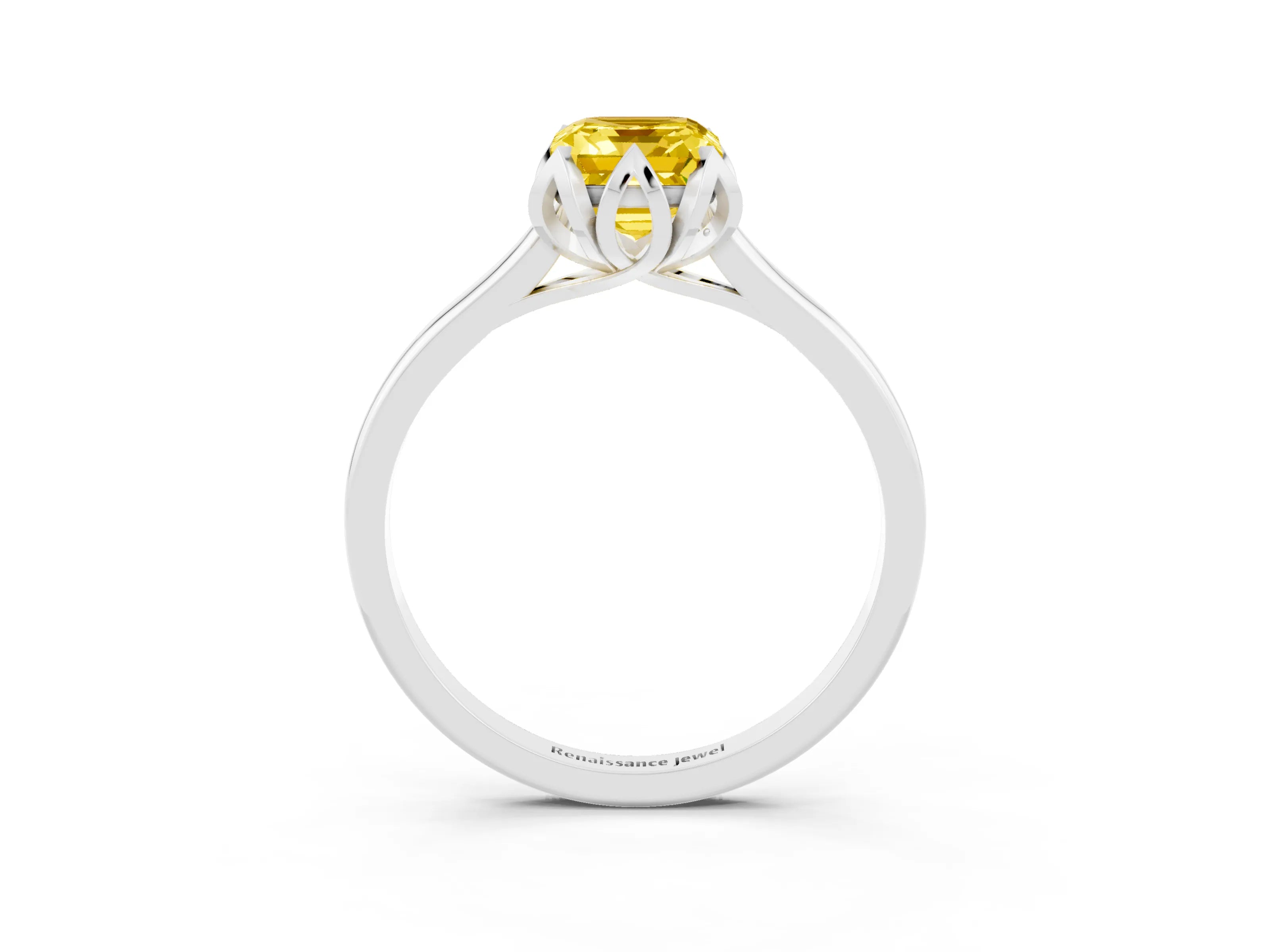 White gold Emerald Cut Yellow Sapphire Solitaire Ring with Flower Prong Setting and Classic Band_15