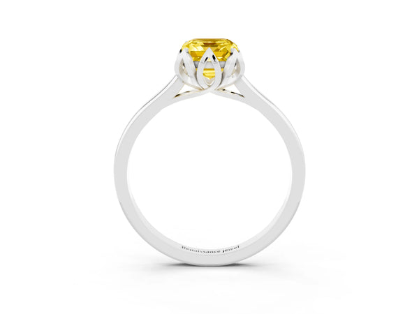 White gold Emerald Cut Yellow Sapphire Solitaire Ring with Flower Prong Setting and Classic Band