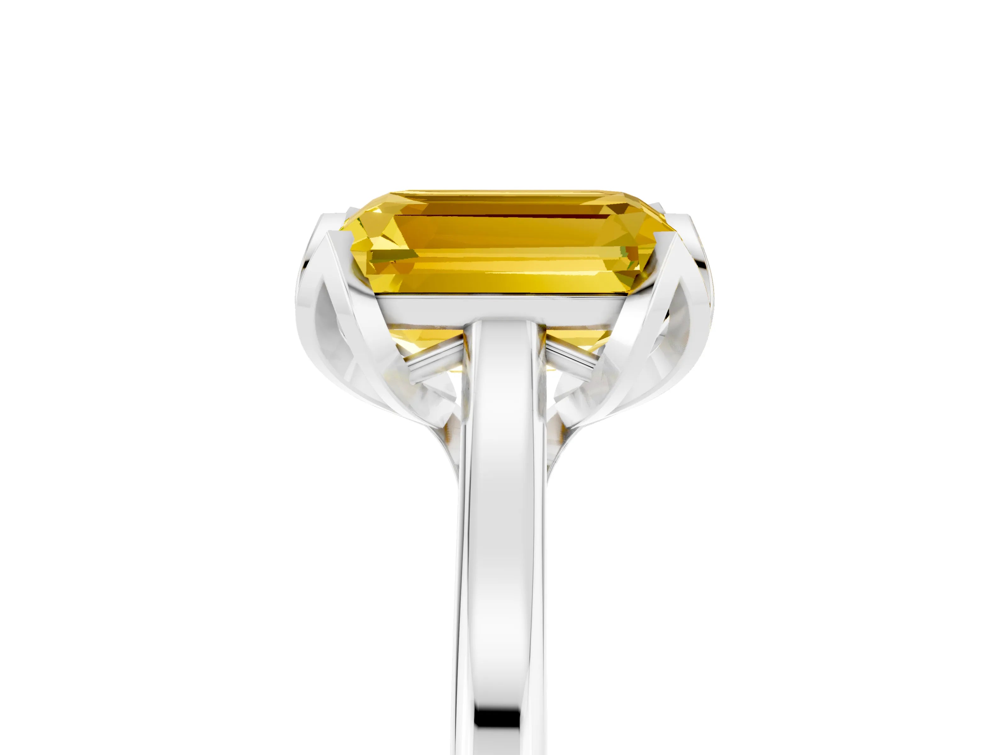 White gold Emerald Cut Yellow Sapphire Solitaire Ring with Flower Prong Setting and Classic Band_17