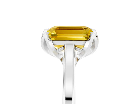 White gold Emerald Cut Yellow Sapphire Solitaire Ring with Flower Prong Setting and Classic Band_17