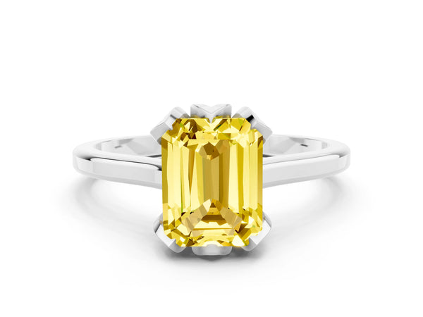 White gold Emerald Cut Yellow Sapphire Solitaire Ring with Flower Prong Setting and Classic Band