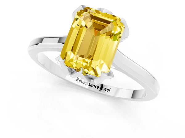 White gold Emerald Cut Yellow Sapphire Solitaire Ring with Flower Prong Setting and Classic Band
