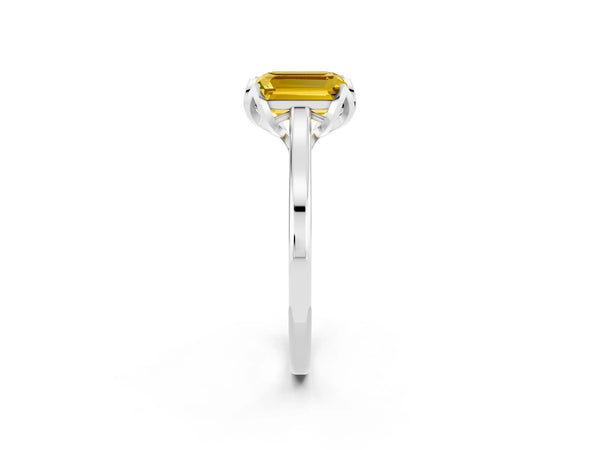 White gold Emerald Cut Yellow Sapphire Solitaire Ring with Flower Prong Setting and Classic Band
