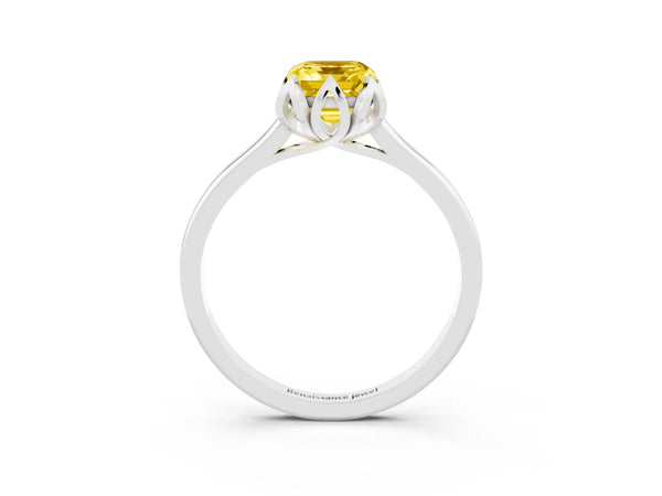 White gold Emerald Cut Yellow Sapphire Solitaire Ring with Flower Prong Setting and Classic Band