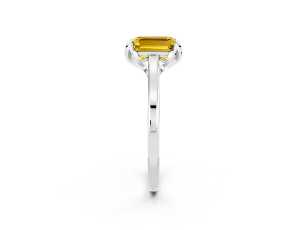 White Gold Emerald Cut Lab-Grown Yellow Sapphire Floral Solitaire Engagement Ring with Plain Band