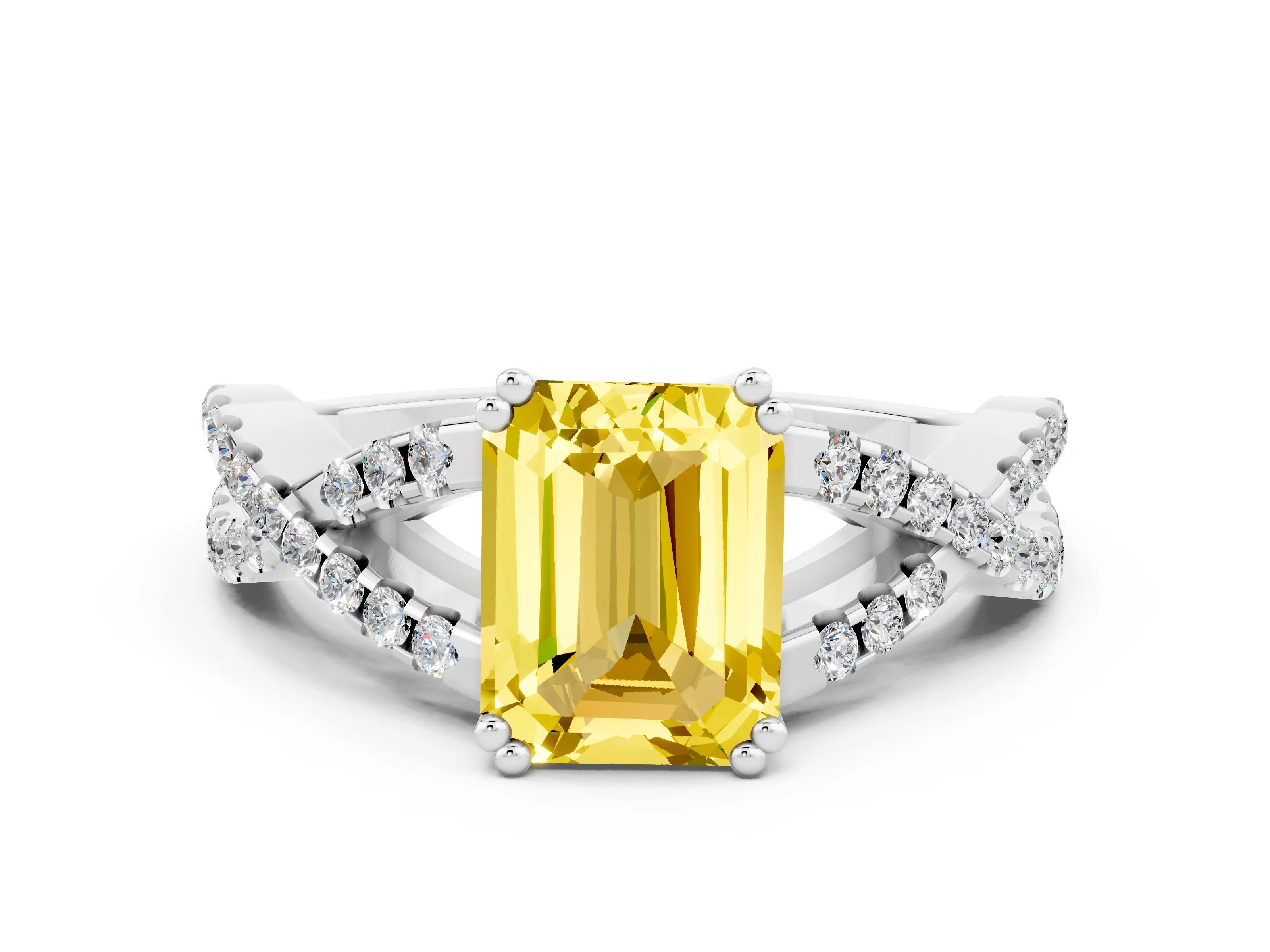 White gold Emerald Cut Yellow Sapphire Solitaire Ring with Four-Prong Setting and Twisted Pavé Band_12