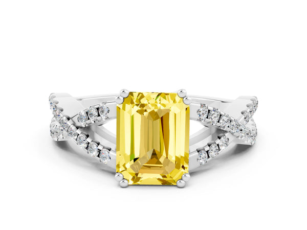 Silver Emerald Cut Yellow Sapphire Solitaire Ring with Four-Prong Setting and Twisted Pavé Band