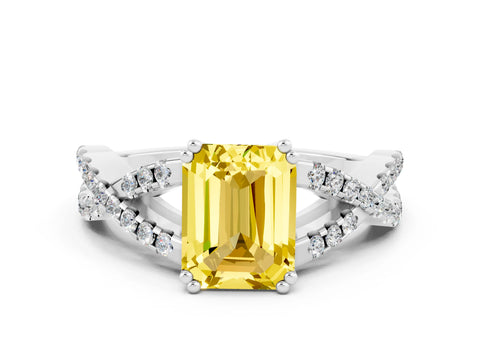 White gold Emerald Cut Yellow Sapphire Solitaire Ring with Four-Prong Setting and Twisted Pavé Band_12