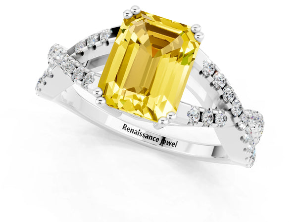 Platinum Emerald Cut Yellow Sapphire Solitaire Ring with Four-Prong Setting and Twisted Pavé Band
