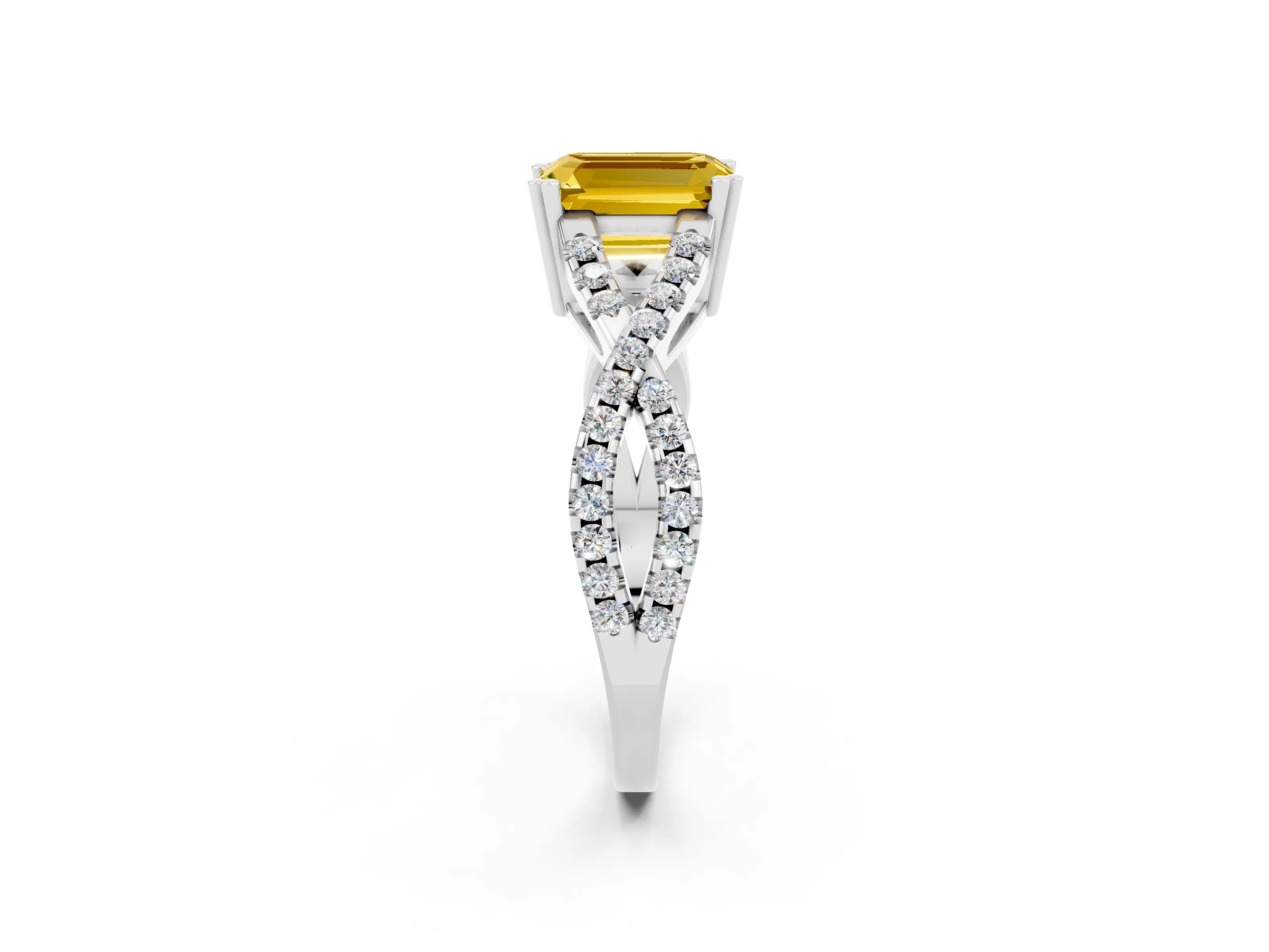 White gold Emerald Cut Yellow Sapphire Solitaire Ring with Four-Prong Setting and Twisted Pavé Band_14