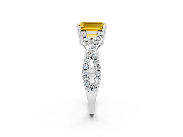 Silver Emerald Cut Yellow Sapphire Solitaire Ring with Four-Prong Setting and Twisted Pavé Band