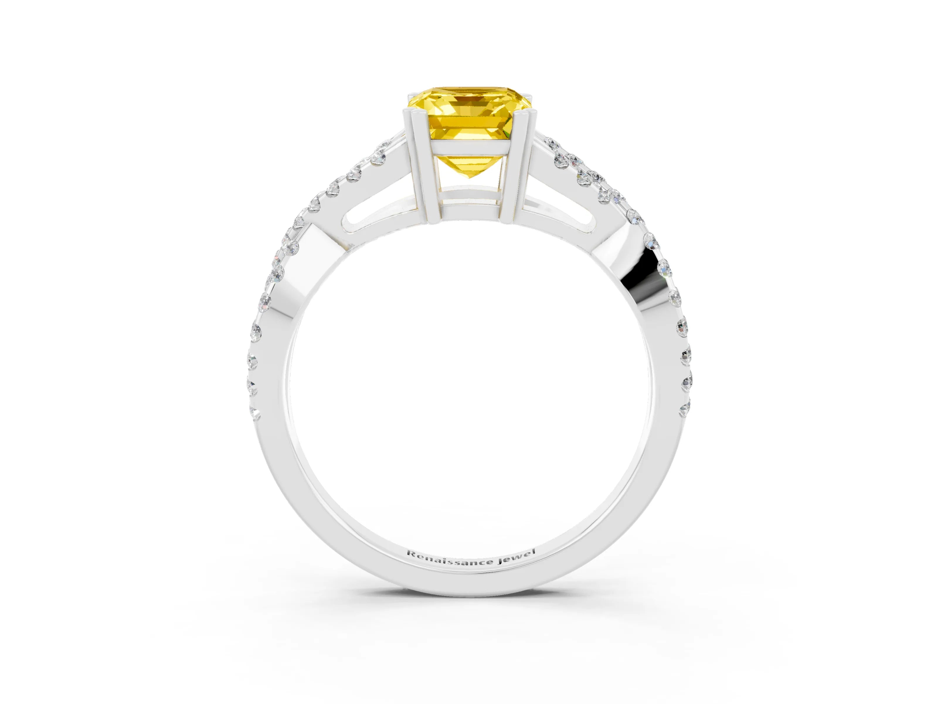 White gold Emerald Cut Yellow Sapphire Solitaire Ring with Four-Prong Setting and Twisted Pavé Band_15