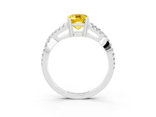 White gold Emerald Cut Yellow Sapphire Solitaire Ring with Four-Prong Setting and Twisted Pavé Band