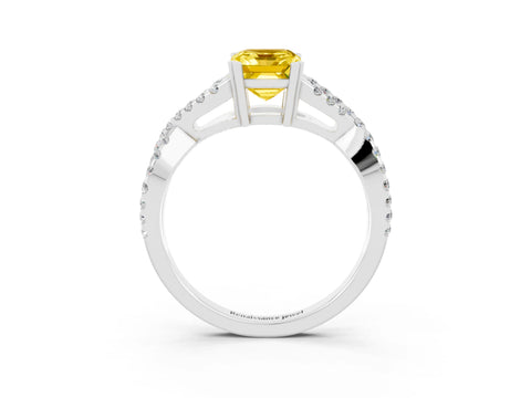 White gold Emerald Cut Yellow Sapphire Solitaire Ring with Four-Prong Setting and Twisted Pavé Band_15