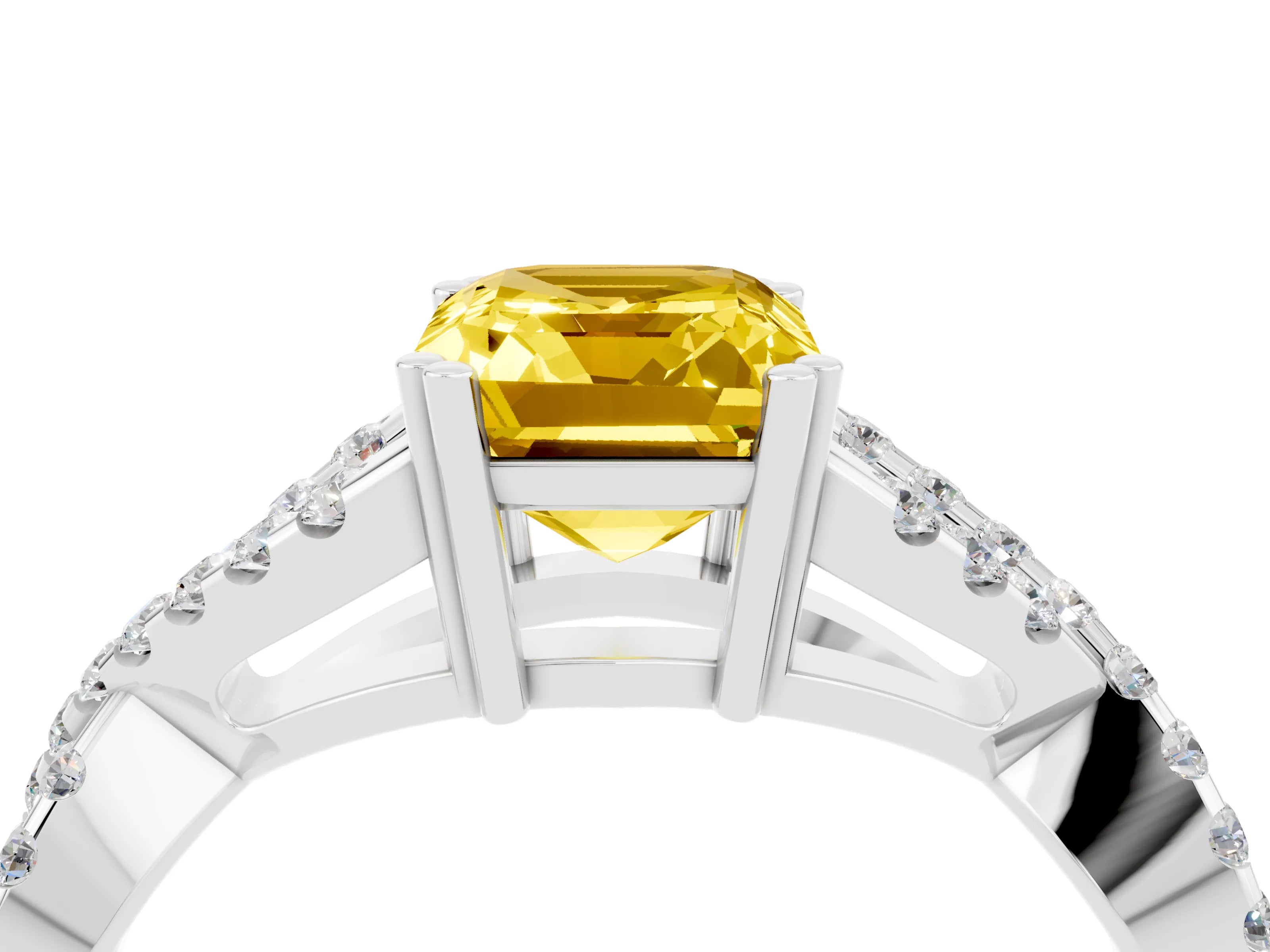 White gold Emerald Cut Yellow Sapphire Solitaire Ring with Four-Prong Setting and Twisted Pavé Band_16