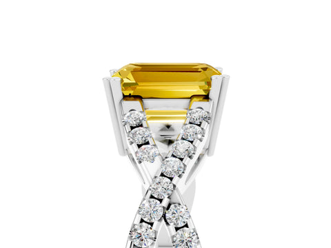 White gold Emerald Cut Yellow Sapphire Solitaire Ring with Four-Prong Setting and Twisted Pavé Band_17