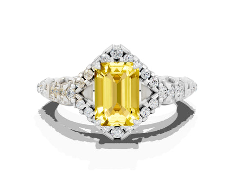 White gold Emerald Cut Yellow Sapphire Solitaire Ring with Hidden Halo and Pavé Band_12