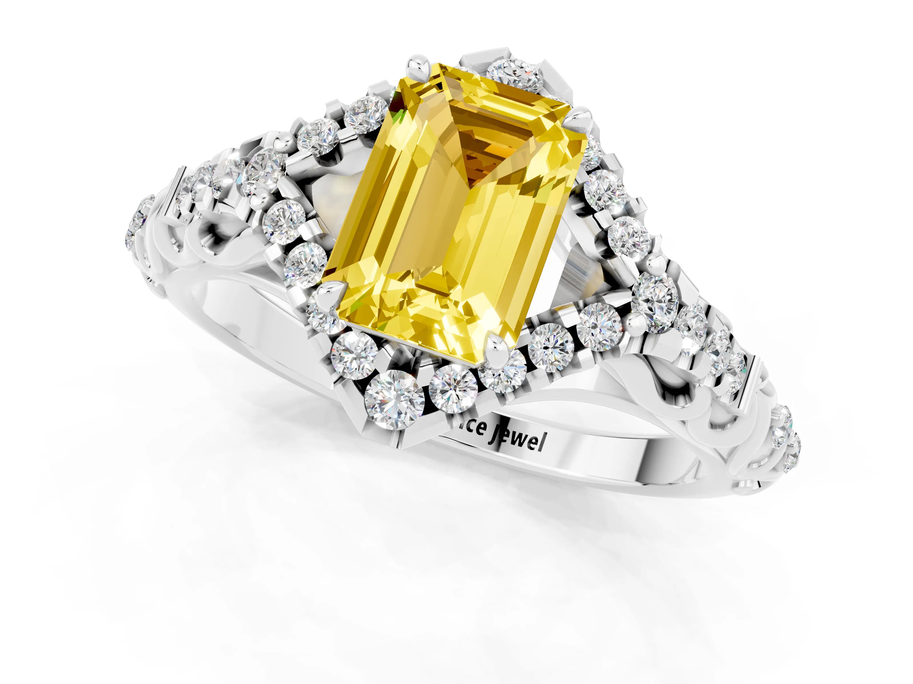 White gold Emerald Cut Yellow Sapphire Solitaire Ring with Hidden Halo and Pavé Band_13
