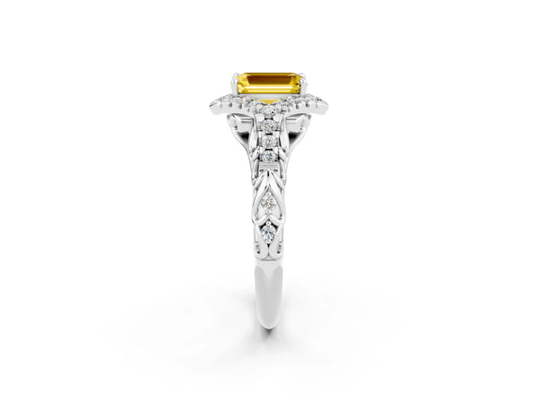 White gold Emerald Cut Yellow Sapphire Solitaire Ring with Hidden Halo and Pavé Band