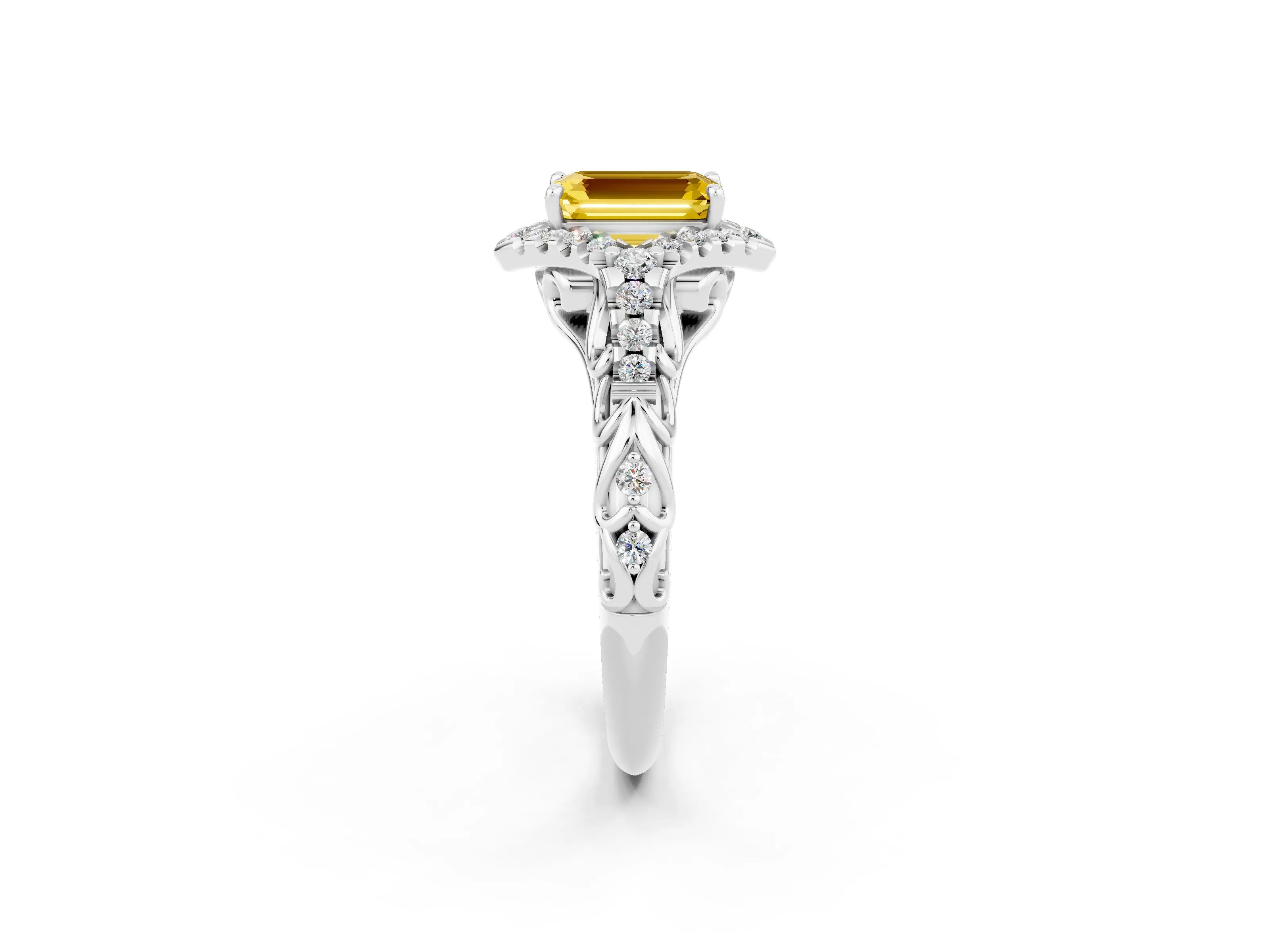 White gold Emerald Cut Yellow Sapphire Solitaire Ring with Hidden Halo and Pavé Band_14