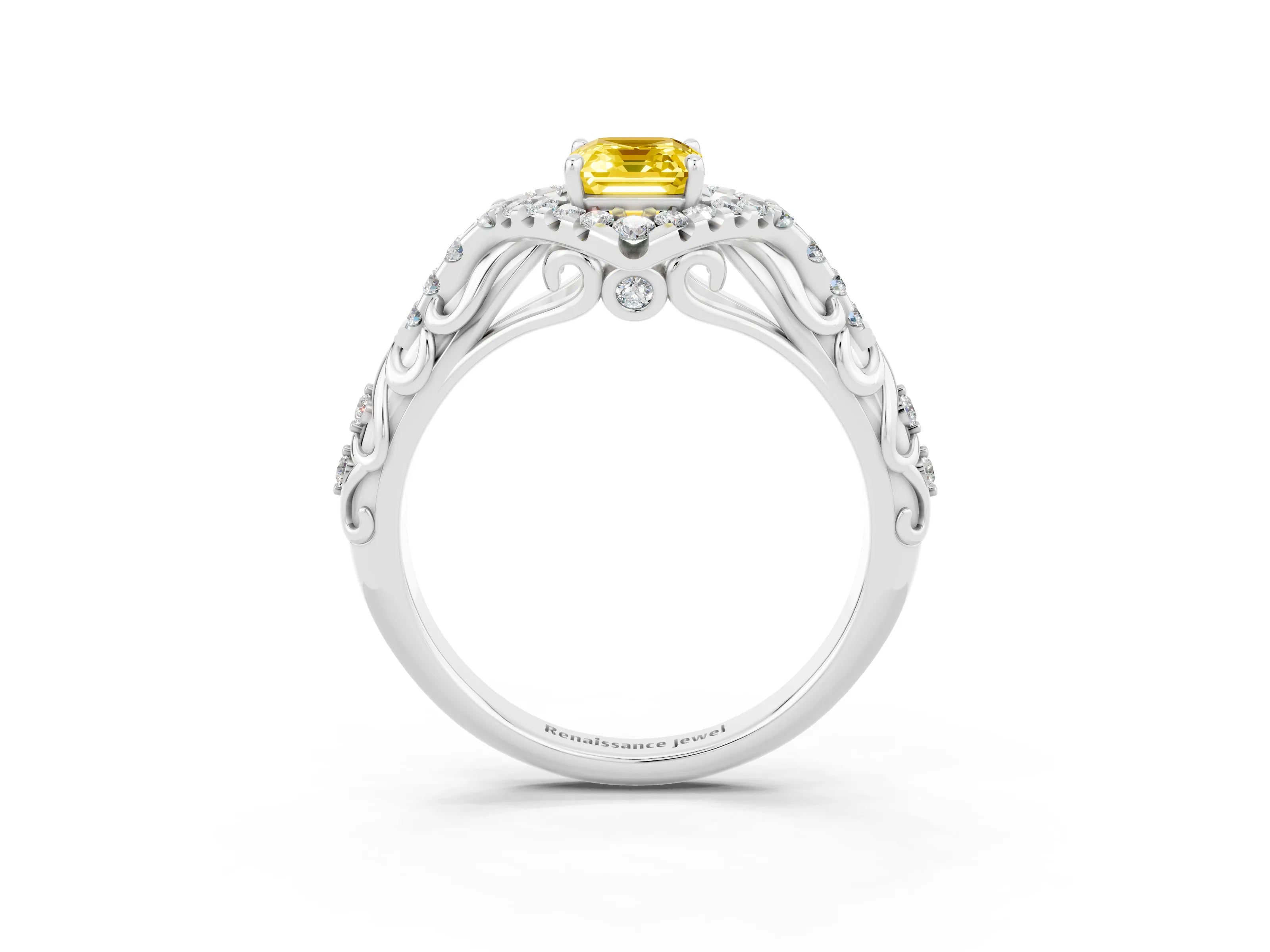 White gold Emerald Cut Yellow Sapphire Solitaire Ring with Hidden Halo and Pavé Band_15