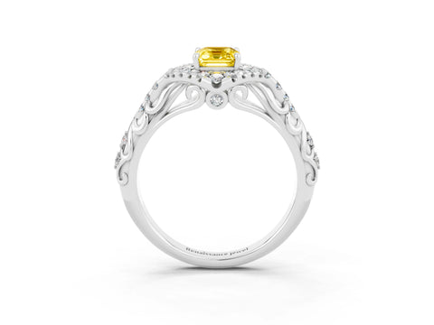 White gold Emerald Cut Yellow Sapphire Solitaire Ring with Hidden Halo and Pavé Band_15