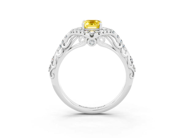 White gold Emerald Cut Yellow Sapphire Solitaire Ring with Hidden Halo and Pavé Band