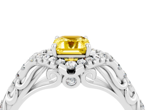 White gold Emerald Cut Yellow Sapphire Solitaire Ring with Hidden Halo and Pavé Band_16