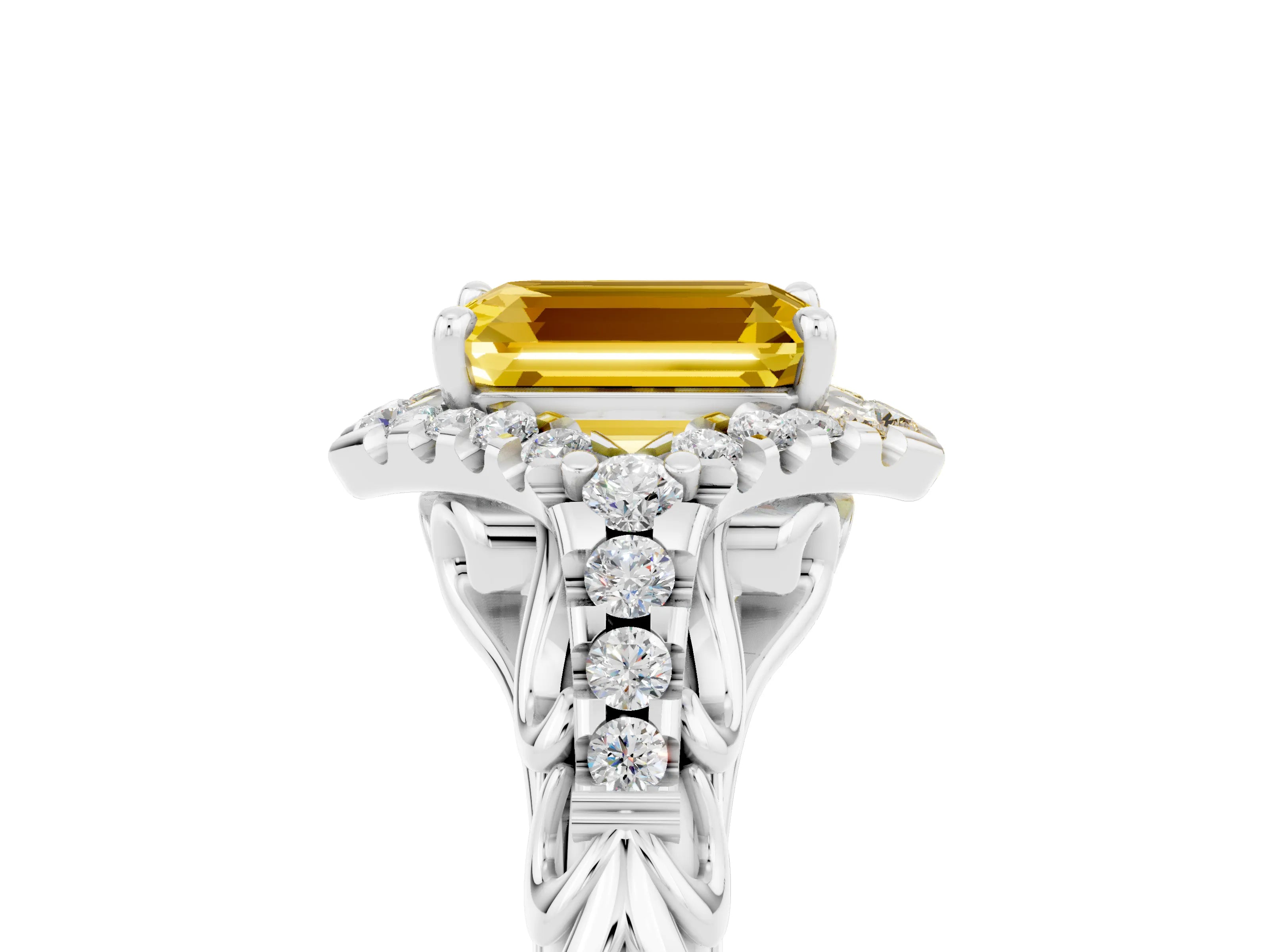 White gold Emerald Cut Yellow Sapphire Solitaire Ring with Hidden Halo and Pavé Band_17