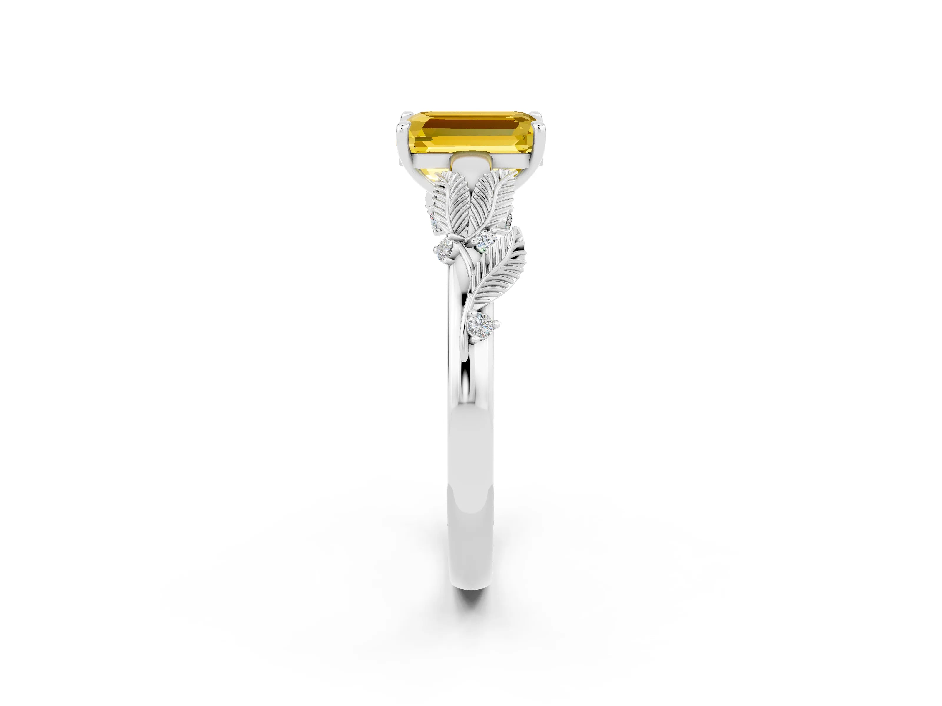 White gold Emerald Cut Yellow Sapphire Solitaire Ring with Leaf Motif Band and Four-Prong Setting_14