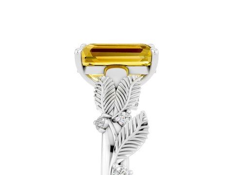White gold Emerald Cut Yellow Sapphire Solitaire Ring with Leaf Motif Band and Four-Prong Setting_17