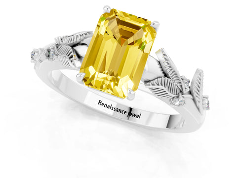 White gold Emerald Cut Yellow Sapphire Solitaire Ring with Leaf Motif Band and Four-Prong Setting_1