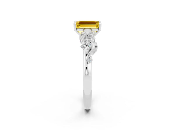 Platinum Emerald Cut Yellow Sapphire Solitaire Ring with Leaf Motif Band and Four-Prong Setting
