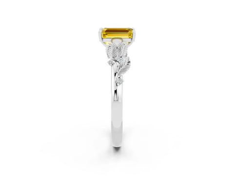 White gold Emerald Cut Yellow Sapphire Solitaire Ring with Leaf Motif Band and Four-Prong Setting_2