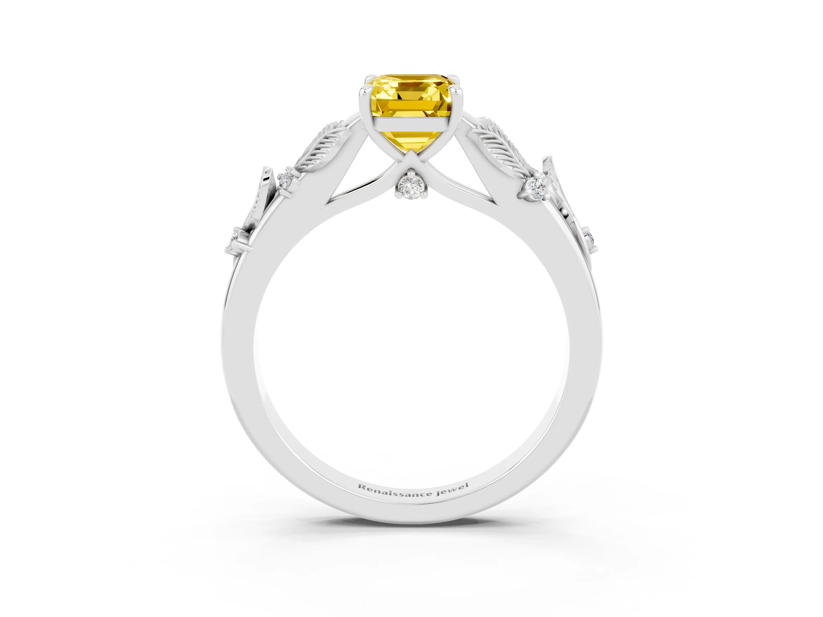 White gold Emerald Cut Yellow Sapphire Solitaire Ring with Leaf Motif Band and Four-Prong Setting_3