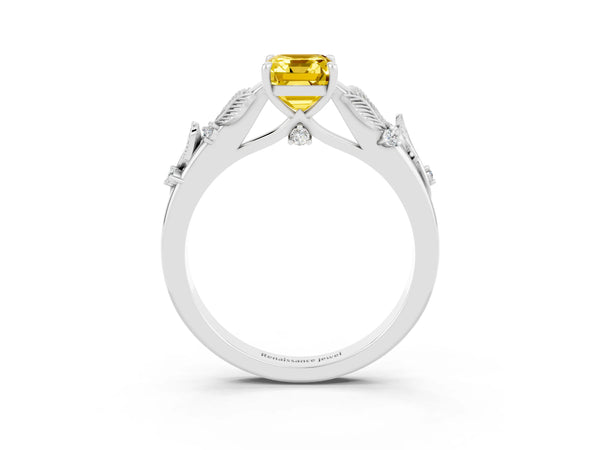 Silver Emerald Cut Yellow Sapphire Solitaire Ring with Leaf Motif Band and Four-Prong Setting