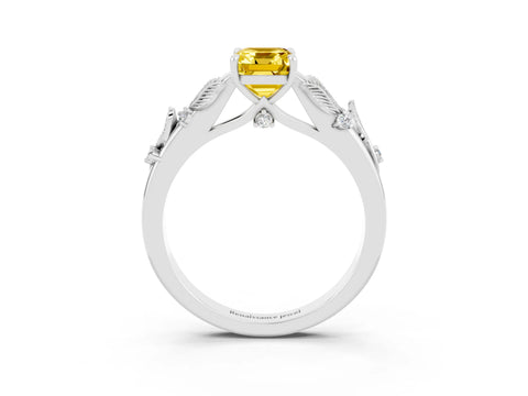 White gold Emerald Cut Yellow Sapphire Solitaire Ring with Leaf Motif Band and Four-Prong Setting_3