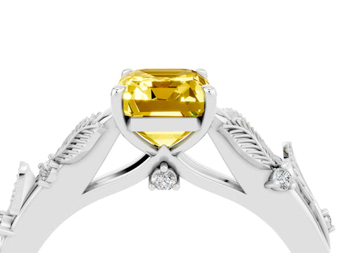 White gold Emerald Cut Yellow Sapphire Solitaire Ring with Leaf Motif Band and Four-Prong Setting_4
