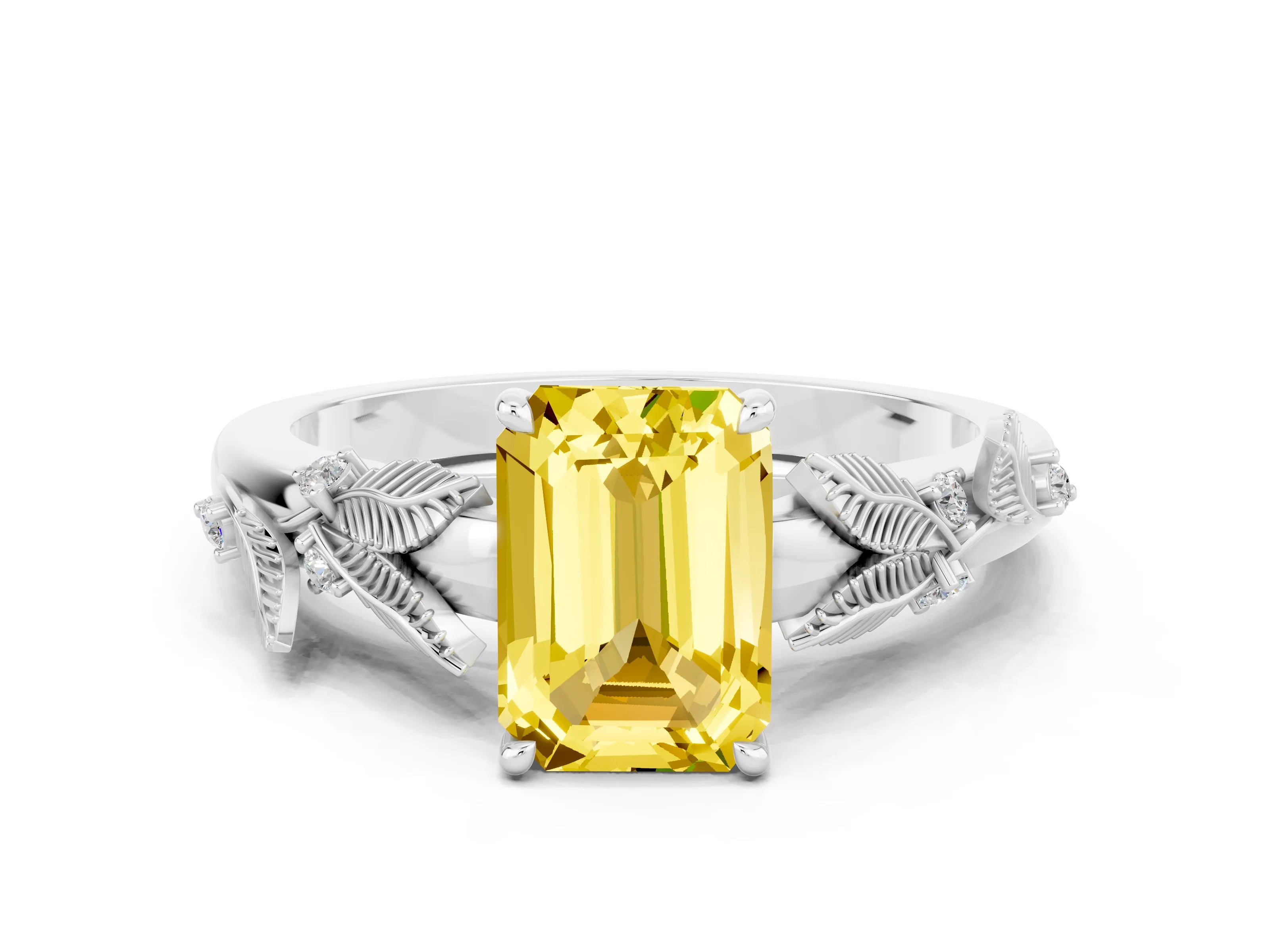 White gold Emerald Cut Yellow Sapphire Solitaire Ring with Leaf Motif Band and Four-Prong Setting