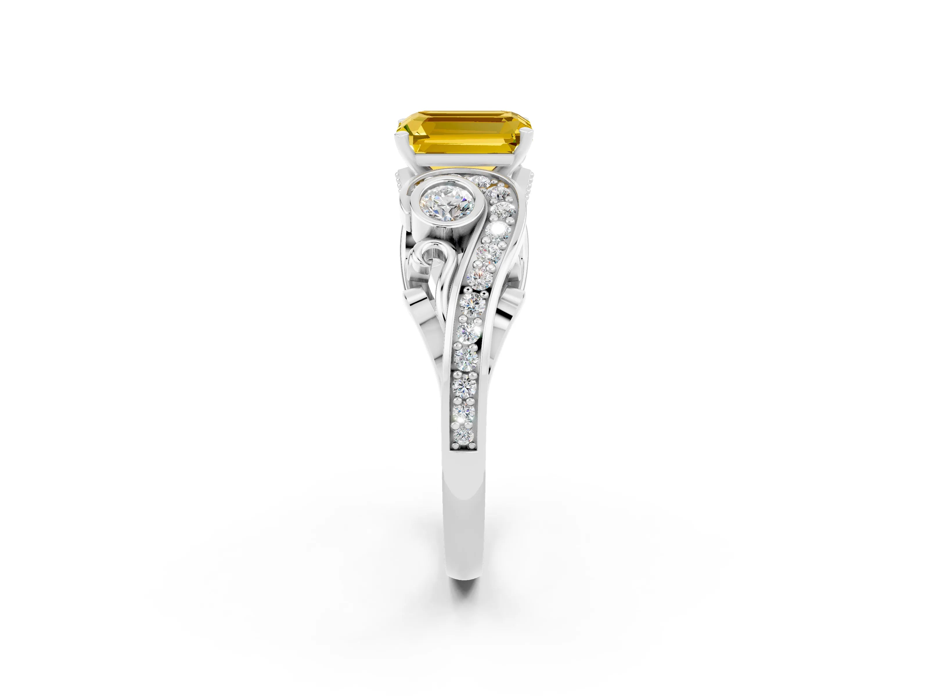 White gold Emerald Cut Yellow Sapphire Solitaire Ring with Milgrain Pavé Band and Four-Prong Setting_14