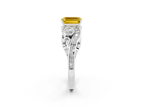 White gold Emerald Cut Yellow Sapphire Solitaire Ring with Milgrain Pavé Band and Four-Prong Setting_14
