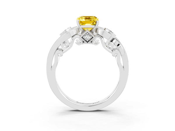 Platinum Emerald Cut Yellow Sapphire Solitaire Ring with Milgrain Pavé Band and Four-Prong Setting