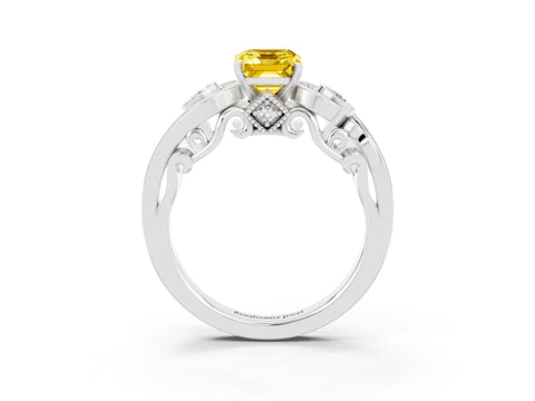 White gold Emerald Cut Yellow Sapphire Solitaire Ring with Milgrain Pavé Band and Four-Prong Setting_15