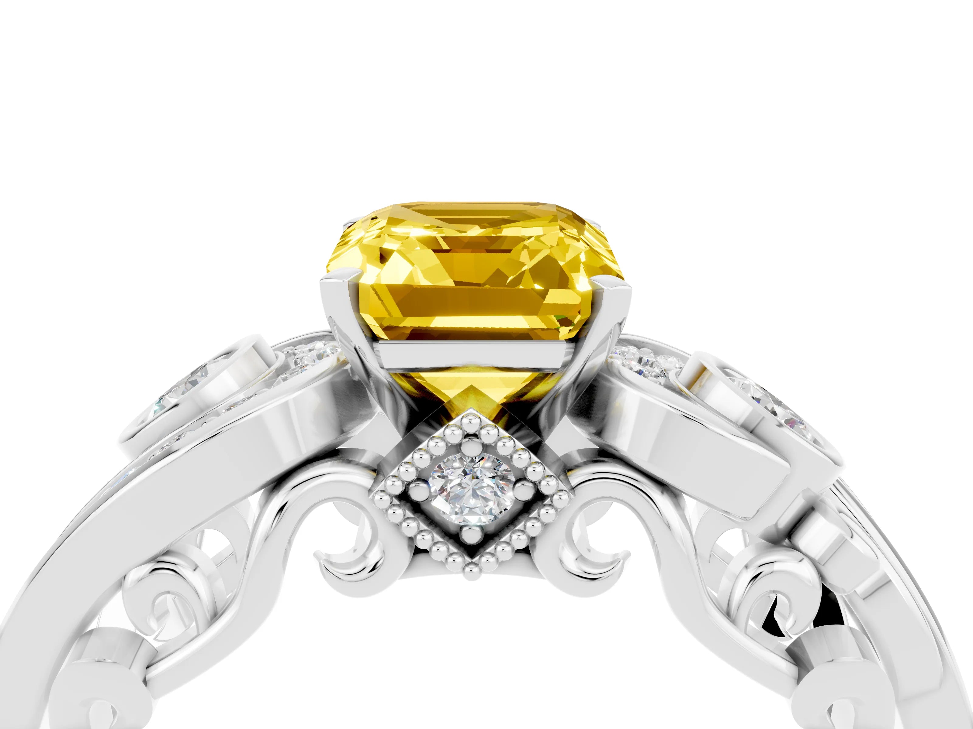 White gold Emerald Cut Yellow Sapphire Solitaire Ring with Milgrain Pavé Band and Four-Prong Setting_16
