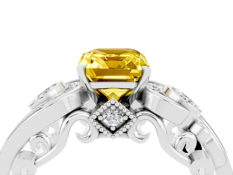 White gold Emerald Cut Yellow Sapphire Solitaire Ring with Milgrain Pavé Band and Four-Prong Setting_16