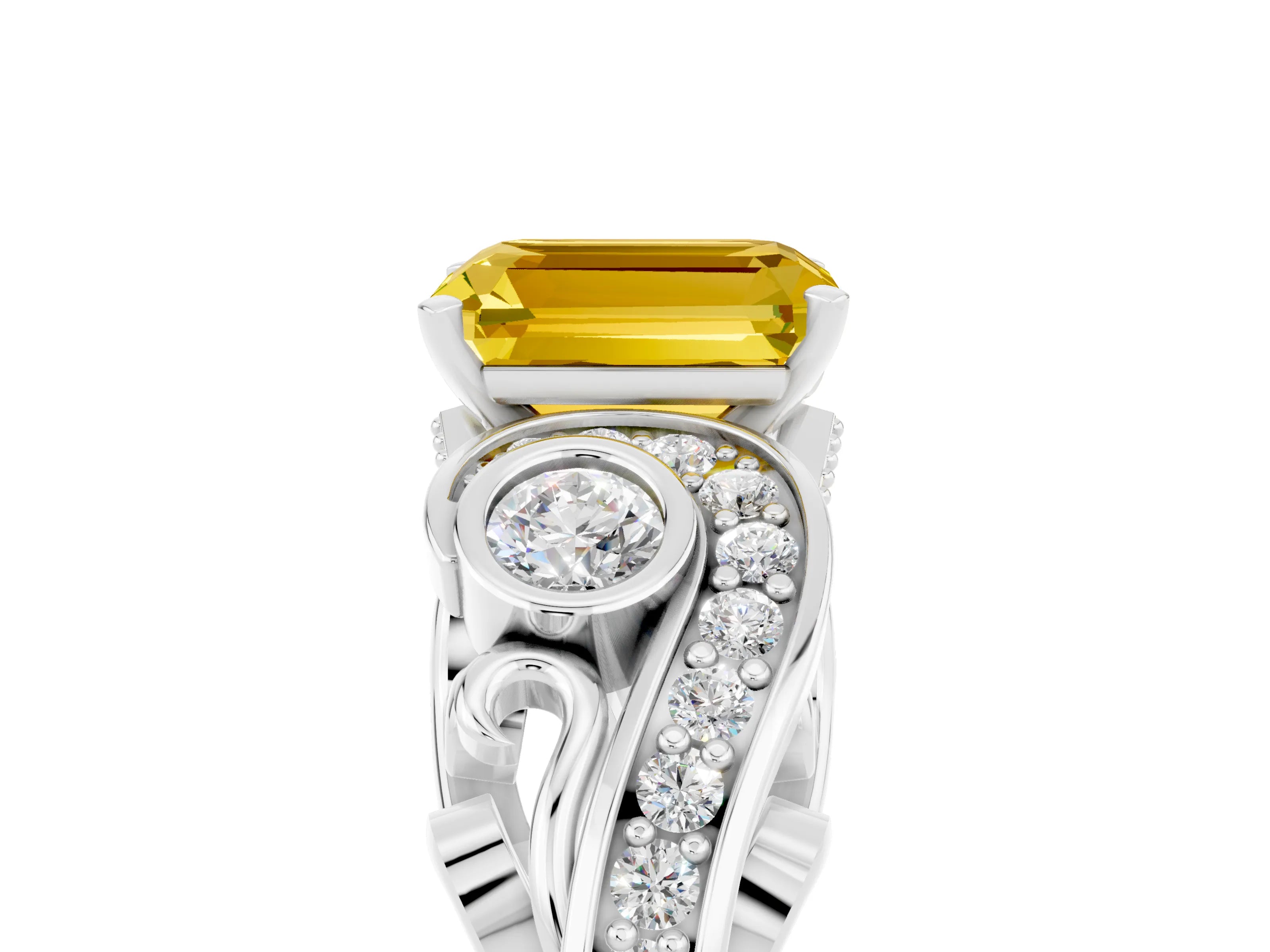 White gold Emerald Cut Yellow Sapphire Solitaire Ring with Milgrain Pavé Band and Four-Prong Setting_17