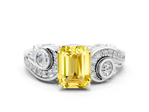 White gold Emerald Cut Yellow Sapphire Solitaire Ring with Milgrain Pavé Band and Four-Prong Setting_48