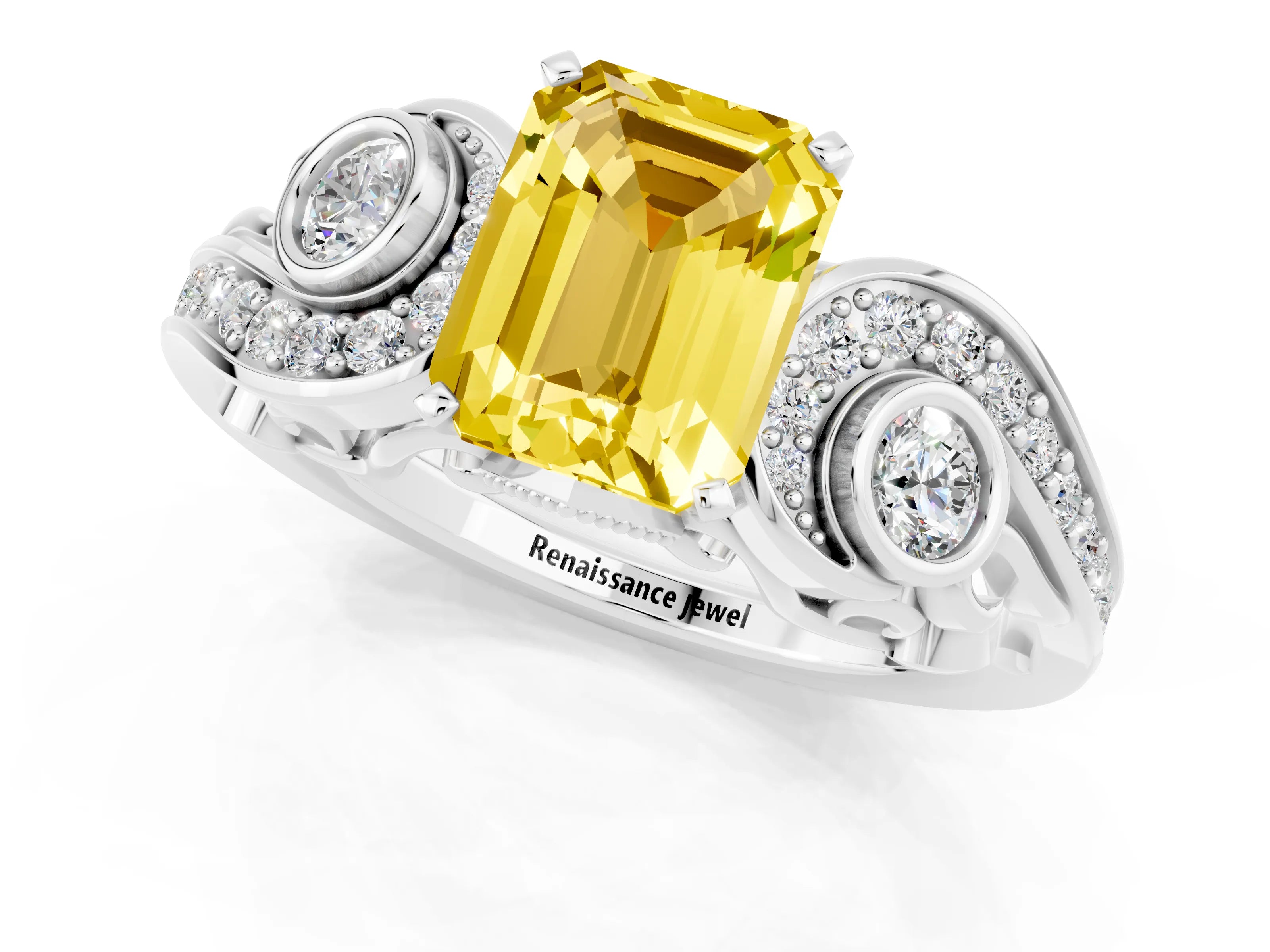 White gold Emerald Cut Yellow Sapphire Solitaire Ring with Milgrain Pavé Band and Four-Prong Setting_49