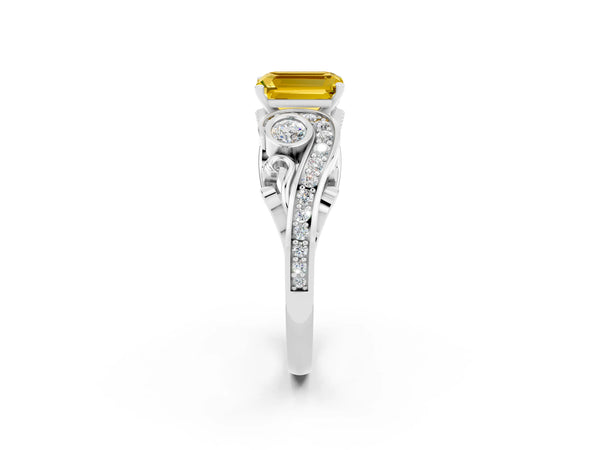 White gold Emerald Cut Yellow Sapphire Solitaire Ring with Milgrain Pavé Band and Four-Prong Setting