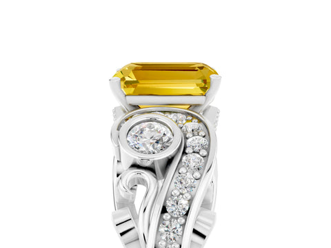 White gold Emerald Cut Yellow Sapphire Solitaire Ring with Milgrain Pavé Band and Four-Prong Setting_53